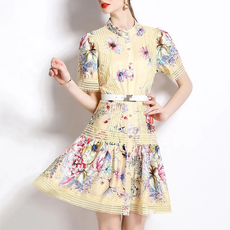 Woman Dresses New Arrivals 2023 Royal Style Summer Short Sleeve Floral Print Elegant Casual Dresses