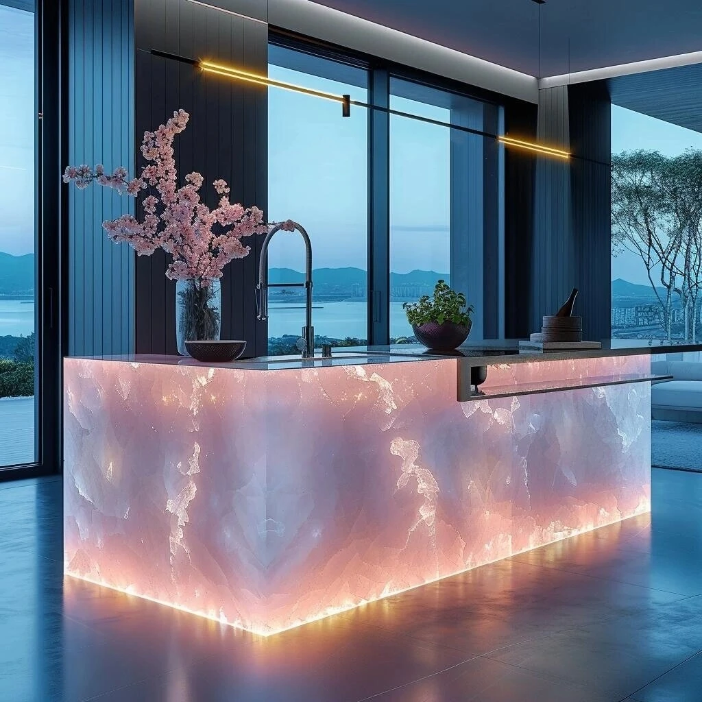 Modern Design Glow Jade Stone Kitchen Island Countertop Natural and Artificial Quartz Polished Surface for Home Hotel Use
