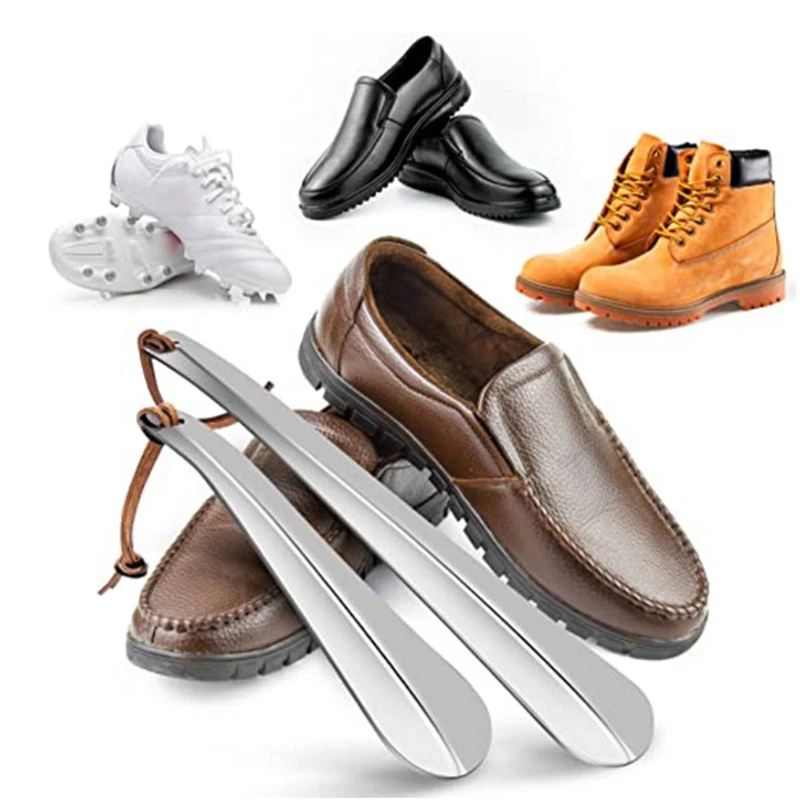 High Quality Leather Rope Long Handle Stainless Steel Metal Shoehorn For Old Pregnant woman