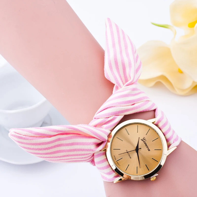 
Women Geneva Watches New Fashion Floral Cloth bow-knot Stripe Quartz Bracelet Wristwatch Lady 