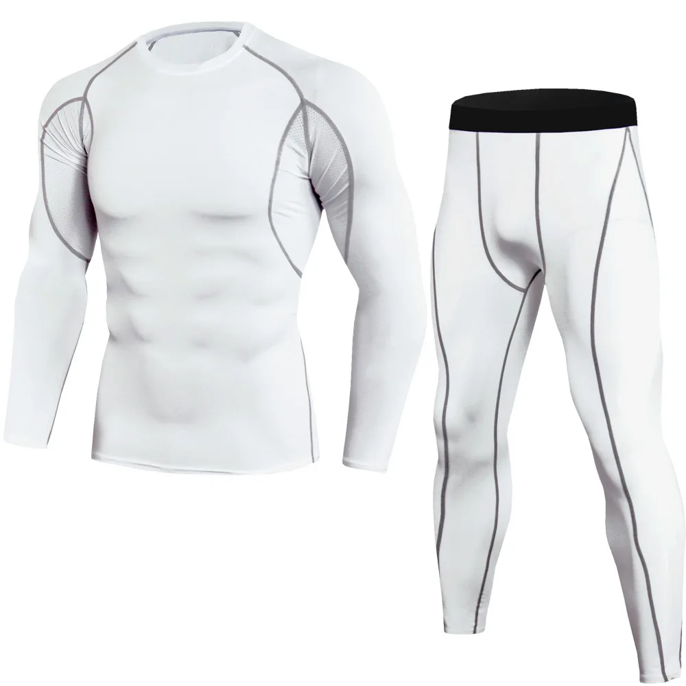 Training Bodybuilding Sport 2 Piece Pants Compression Pants Long-Sleeve T-Shirt Compression Short Tights Men Set
