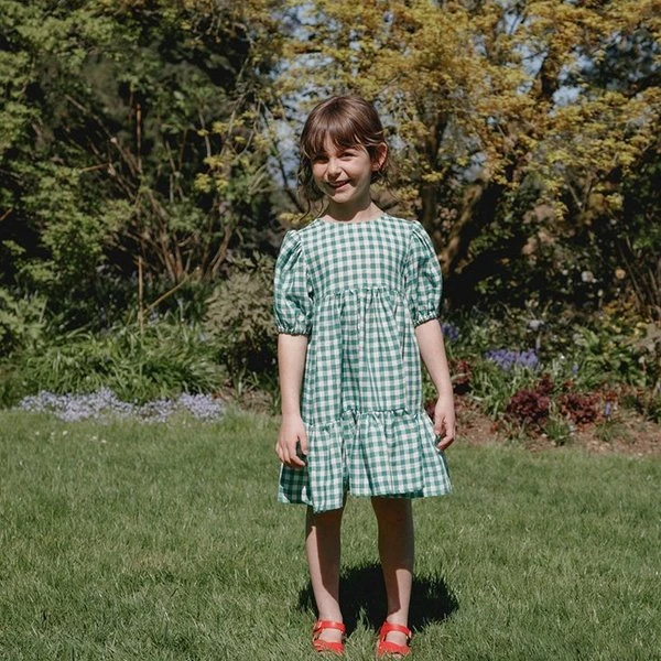 Little Girl Clementine Puff Sleeve Dress Baby Girl Summer Green Gingham Dress