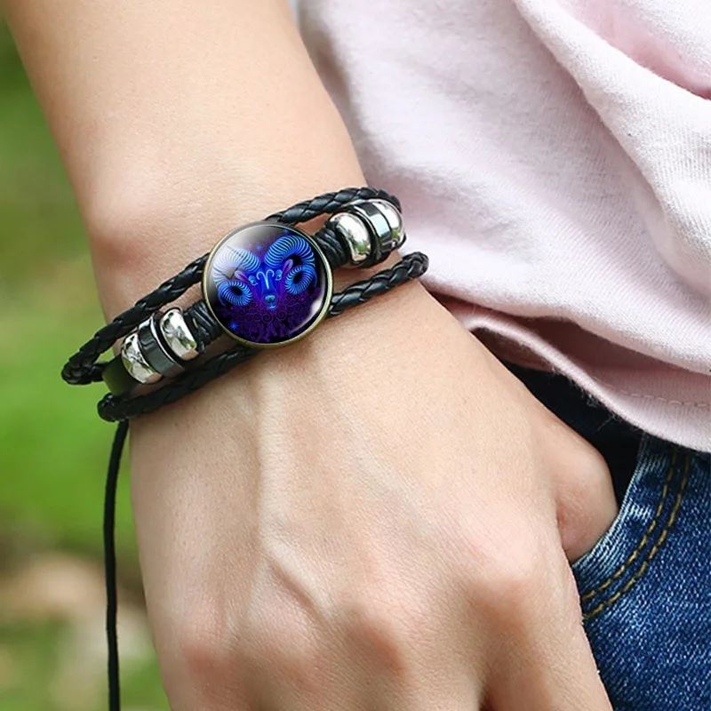 Hand Woven Leather Luminous Bracelet Men Women12 Zodiac Sign Black Bracelets Jewelry