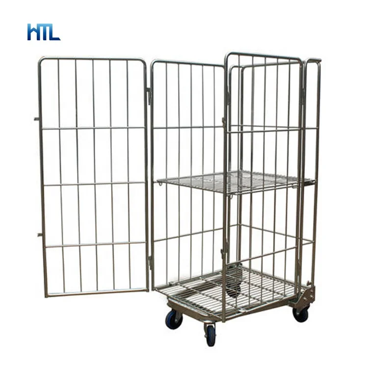 4-sides warehouse logistic collapsible moving zinc steel mesh metal nesting roll trolley with wheel
