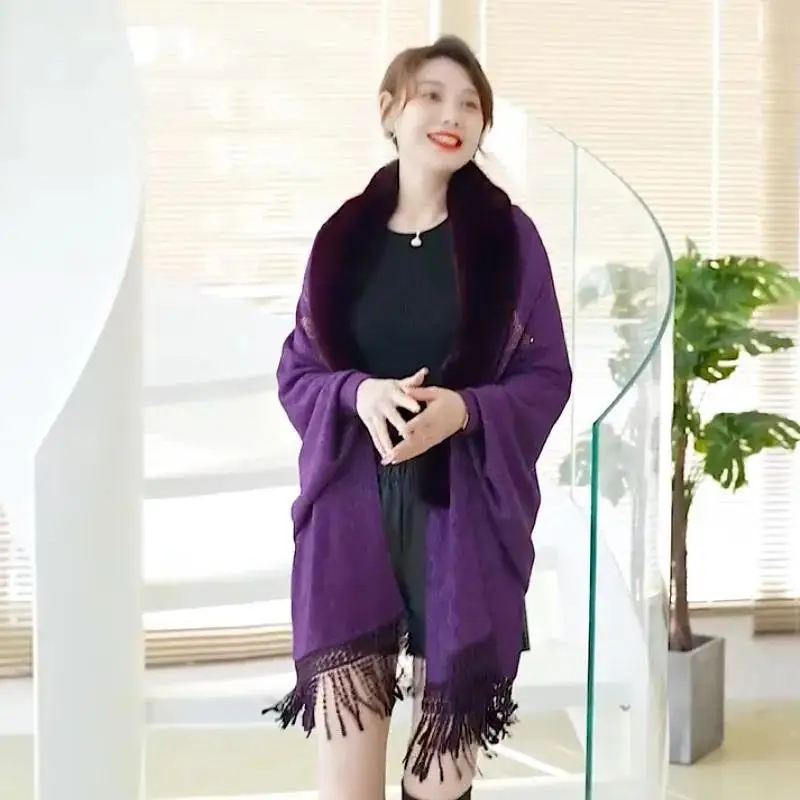 Japanese Korea Women Oversize Embroidered Fur Cloak Winter Knitted Poncho Capes Female Batwing Sleeves Tassel Long Wrap Coat