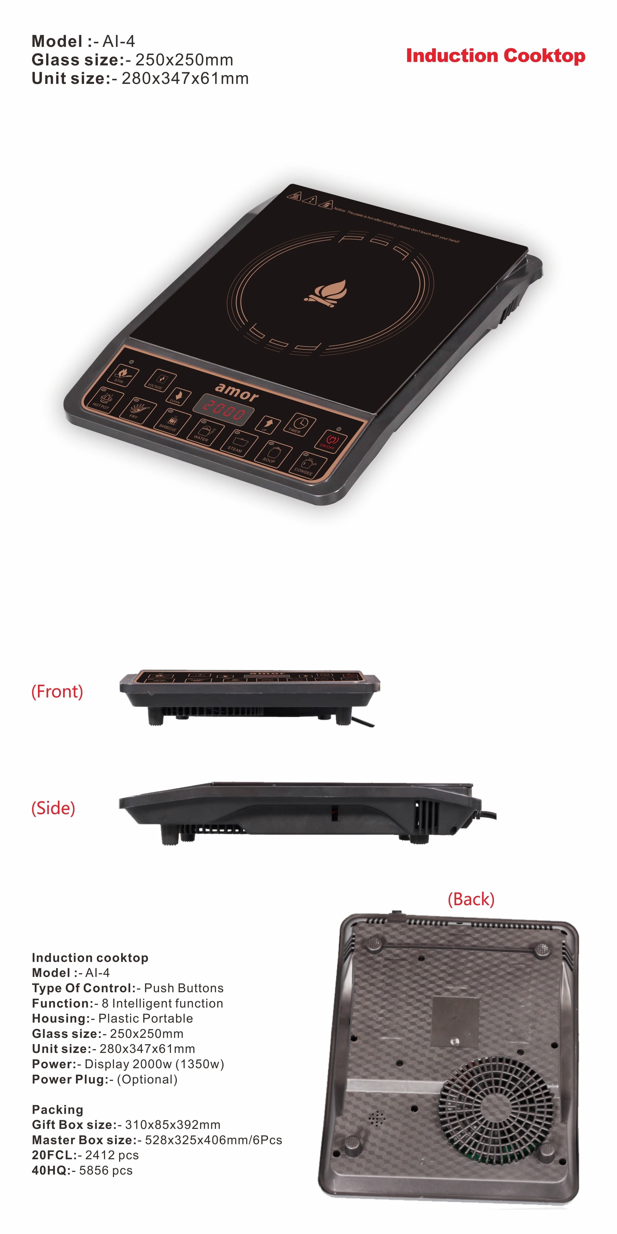 Induction cooker with push button,single burner display 2000w,LED display,Timer &  Preset function,