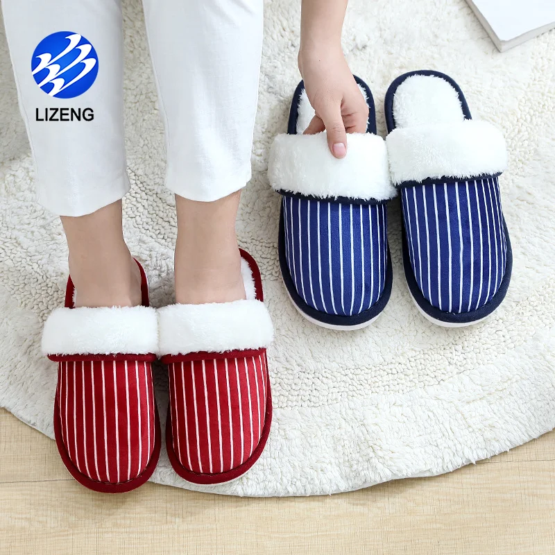 
2020 New Cotton Slippers Women Thick Bottom Winter Home Couple Thick Striped Slip On Light Weight Walking Slippers 