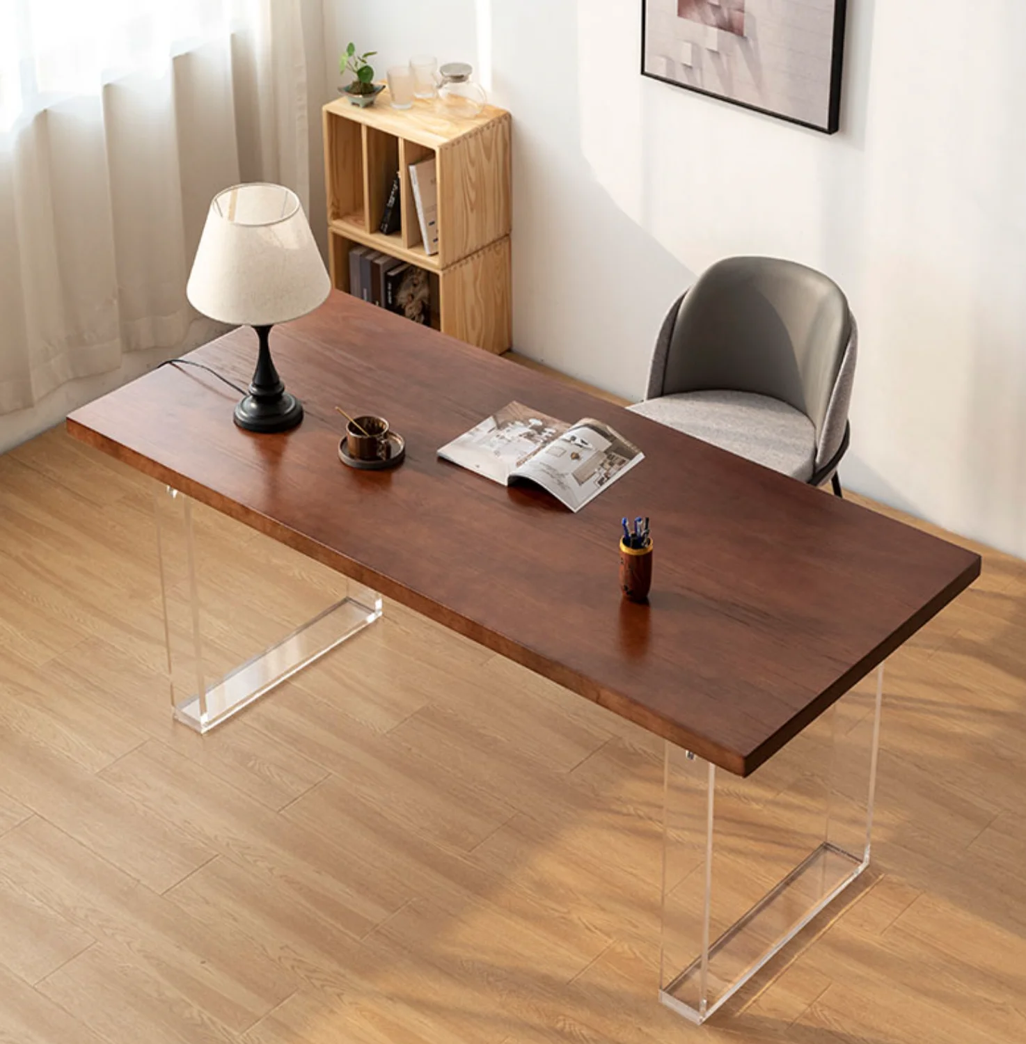 Modern Unique Scandinavian Farmhouse Rustic Home Office Work from Home Solid Wood Pine Wood Acrylic Office Computer Desk Table