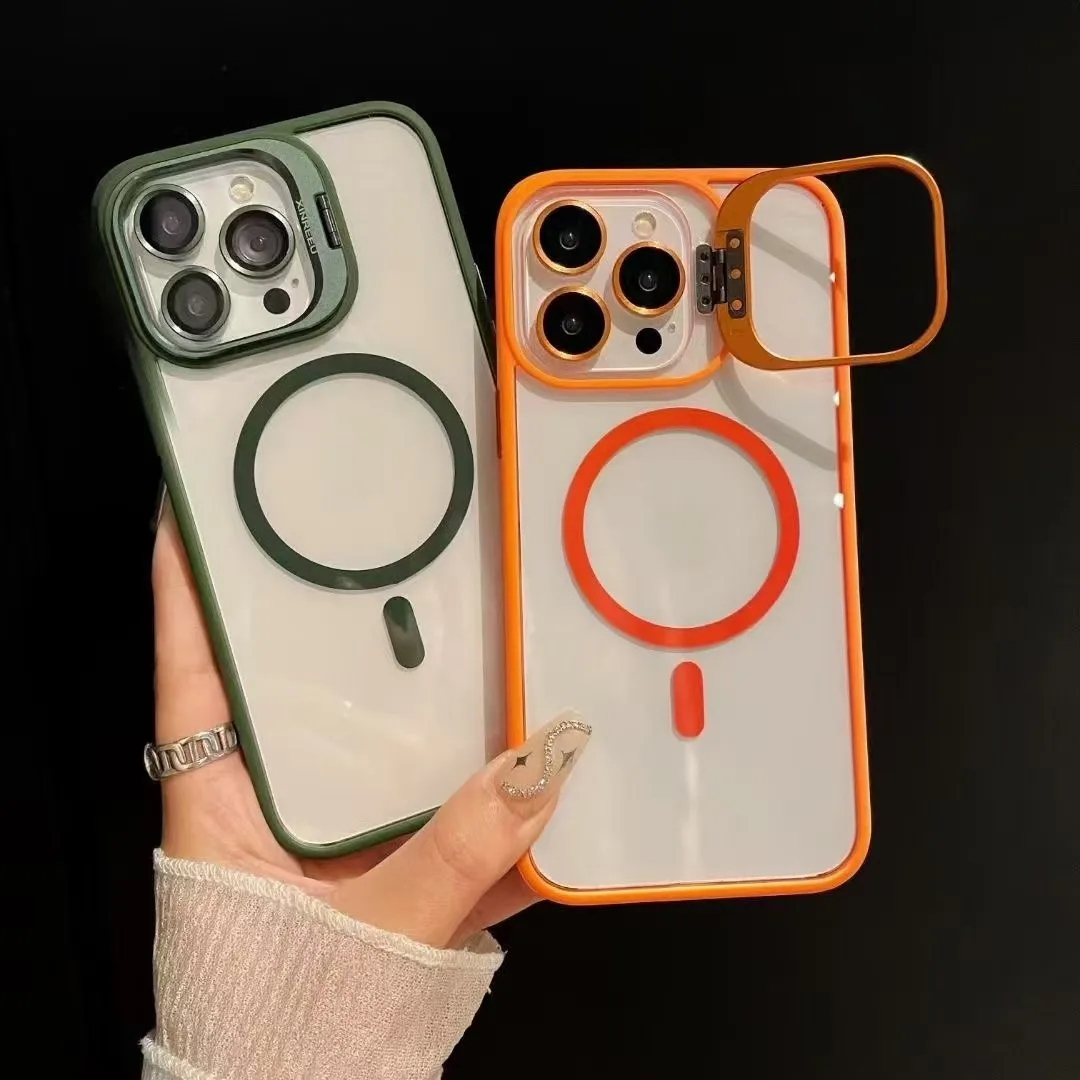 BAILI factory Color border Transparent acrylic magnetic 3 lens protective film stand cell phone case for Iphone 11 16 Pro max