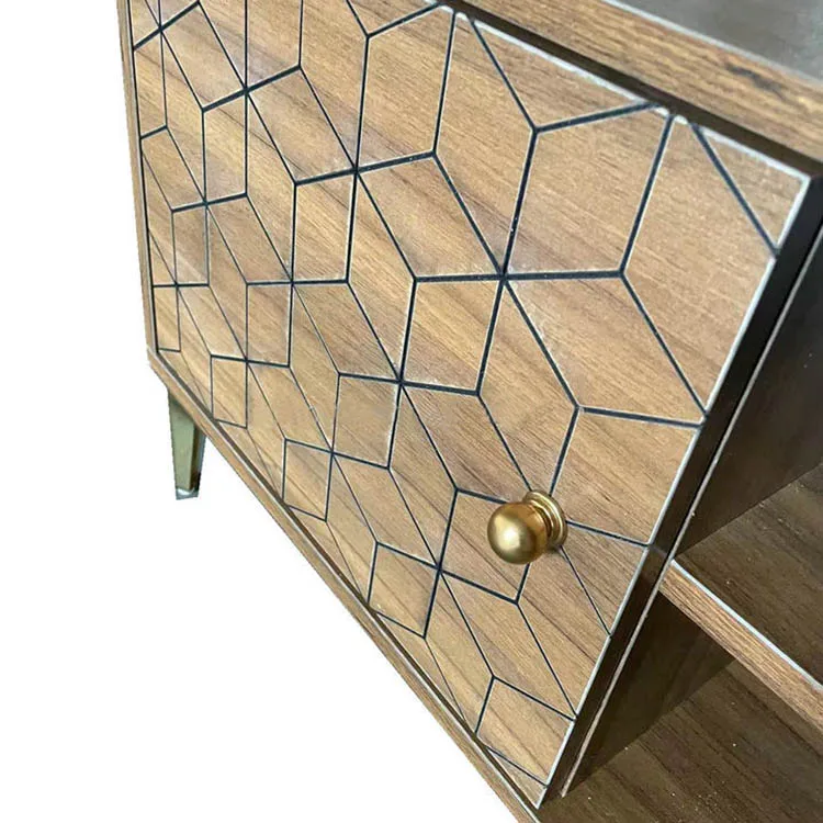 Metal feet tv cabinet modern with silk print doors living room furniture with storage cabinet