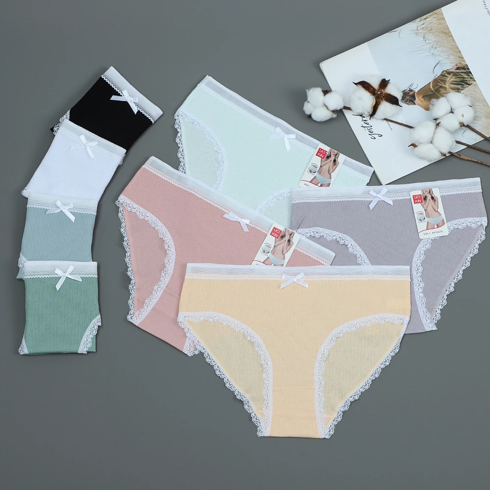 UOKIN Mature lady women beautiful lace panties mid waist comfortable ribbed 95 cotton underwear with bow lace A5276