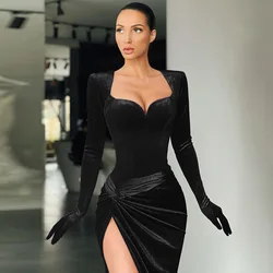 women Elegant Long Sleeve Bodycon Low-cut velvet High Slit Slim Evening Prom Dresses for Party Gown Maxi Evening Dress