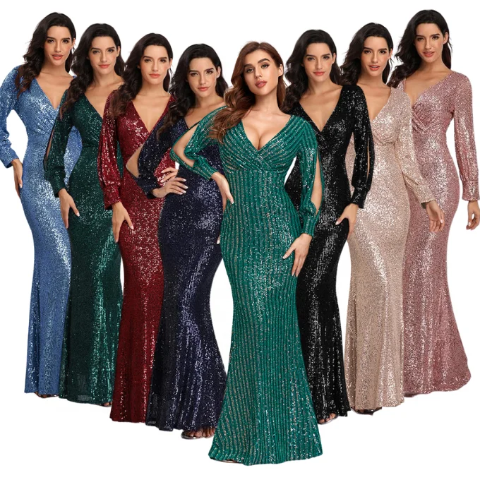 Fashion Party Maxi Dress Super High Waist Crossed Chest V-Neck Split Long Sleeve Sequin Stretch Slim Mermaid Evening Gown Dress