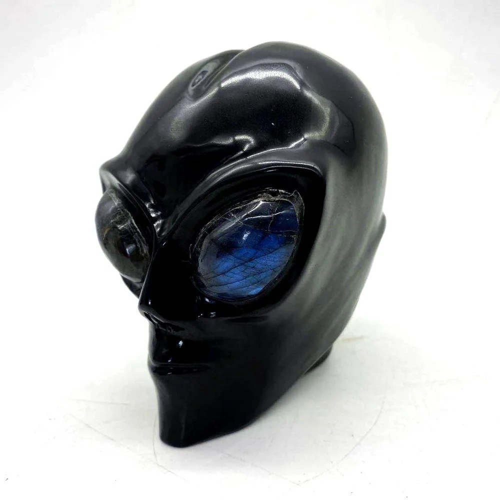 Wholesale natural crystal skull folk crafts art sculpture healing crystal carved black obsidian alien skull for decoration