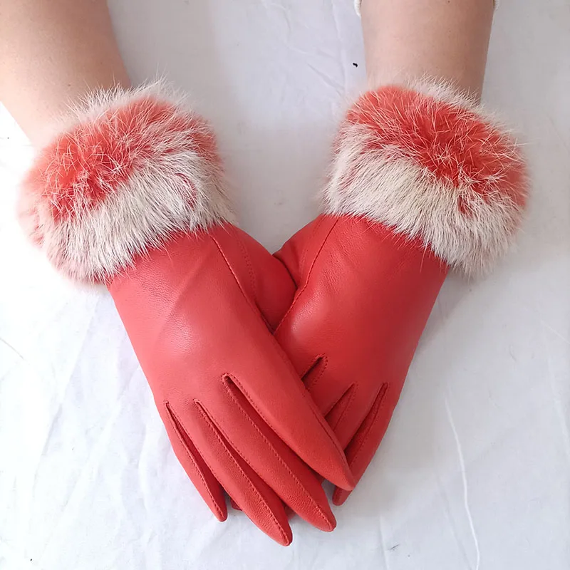 2024 Women Winter Real Sheepskin Gloves With Real Fur Cuff Warm Ladies Genuine Fur Trim Leather Glove Female Fashion Hand warmer