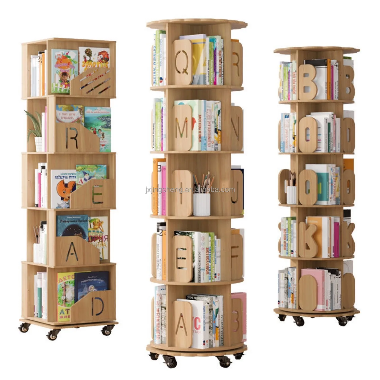 Solid wood rotating  bookshelf 360 degree movable bookshelf wall bookcase with wheel