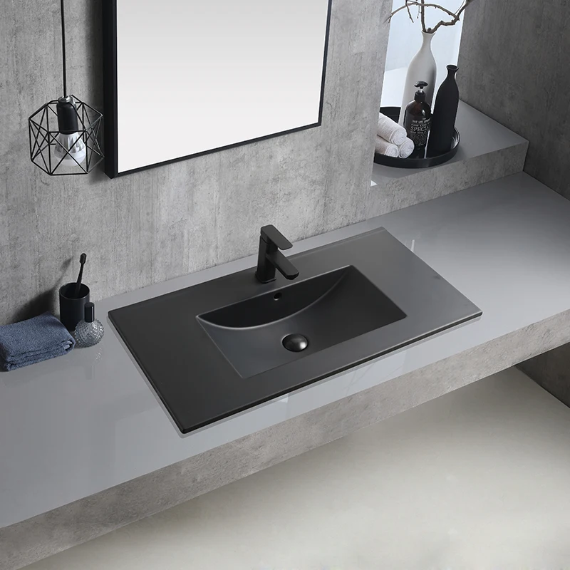 Luxury Modern Design Matte Black Bathroom Vanity Sink One Piece Thin Edge Porcelain Cabinet Square/Rectangular Hand Wash Basin
