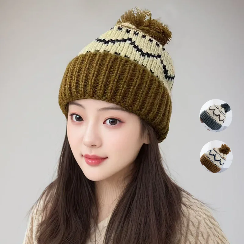 Wholesale Warm Thick Fair Isle Jacquard Weave Winter Knitted Pom Pom Beanie Hats
