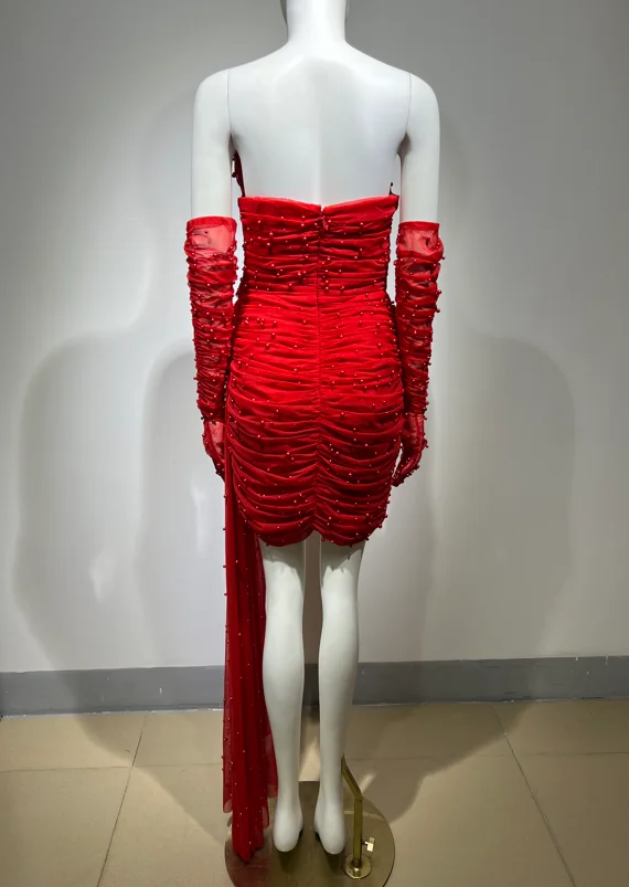Fashion  Luxury High-Quality Low-Cut Sequin Pleated Tight Irregular Red Short Evening Dresses Birthday Party Prom Club Dress