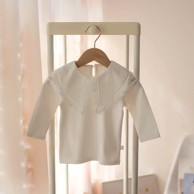 
PHB 50761 high quality lace collar new design long sleeve plain style spring shirt for girls 