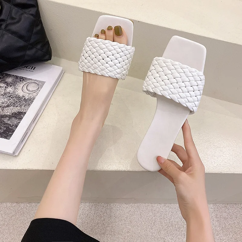 Ladies Elegant Casual Pu Leather Slippers Shoes Girl Square Toe Summer Flat Sandals