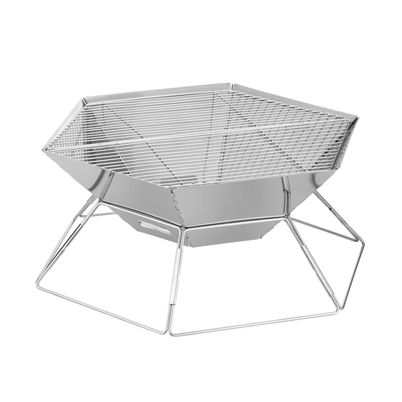 Portable Hexagon Folding Charcoal BBQ Grill Stainless Steel Tabletop Barbecue Grills with Grid Stand for Home Travel for Cooking