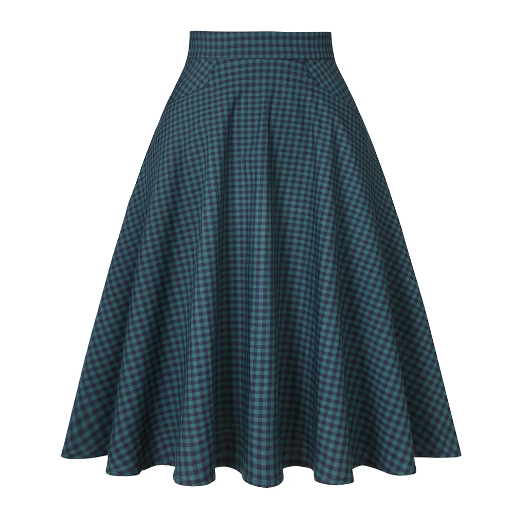 New Long Plaid Skirt High Waist Retro Women Ladies Winter Autumn Swing Vintage Plaid Mid-length Skirt Pockets SS0024