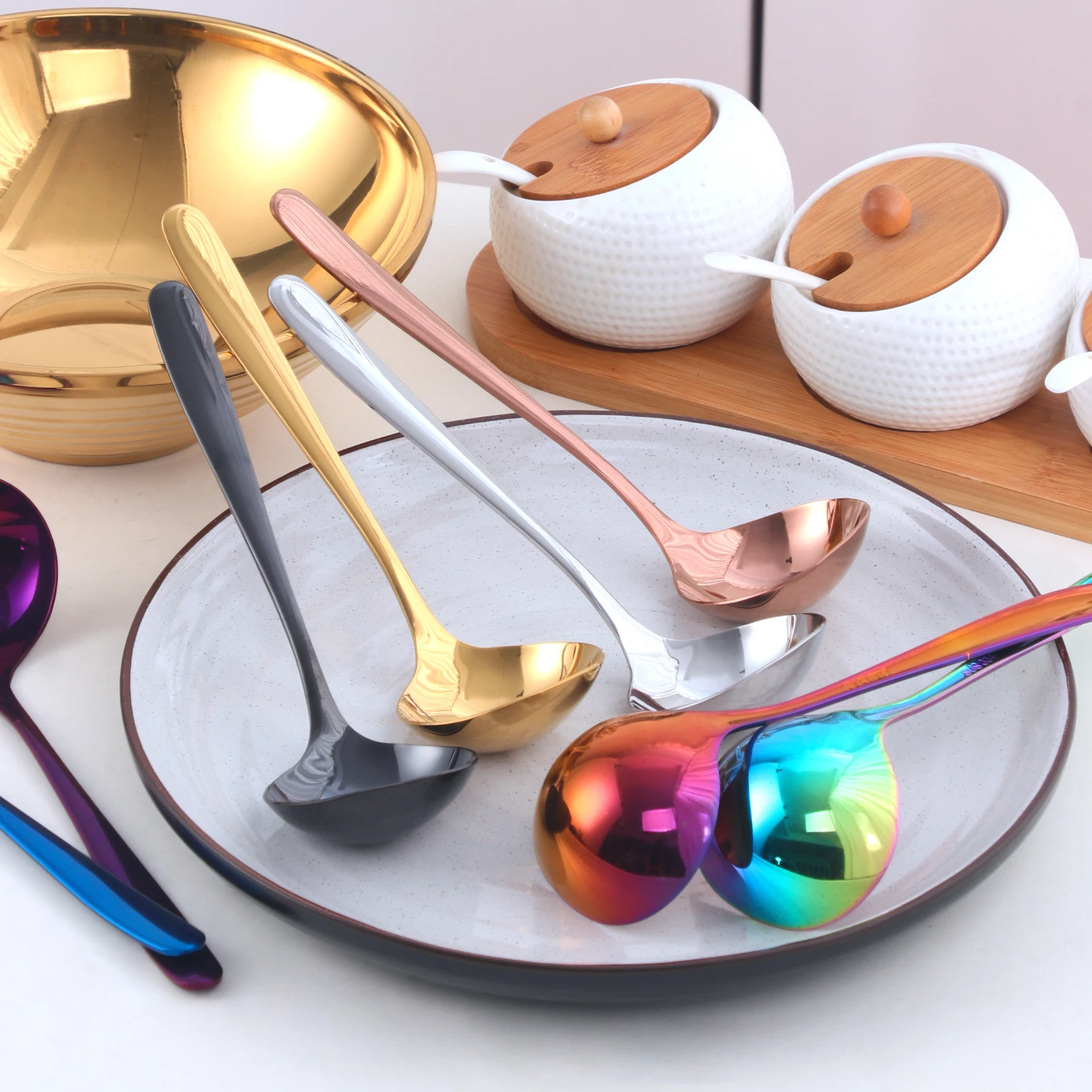 Korean Soup Spoon Colorful Tableware Stainless Steel Chinese Soup Spoon For Dinner Home Kitchen