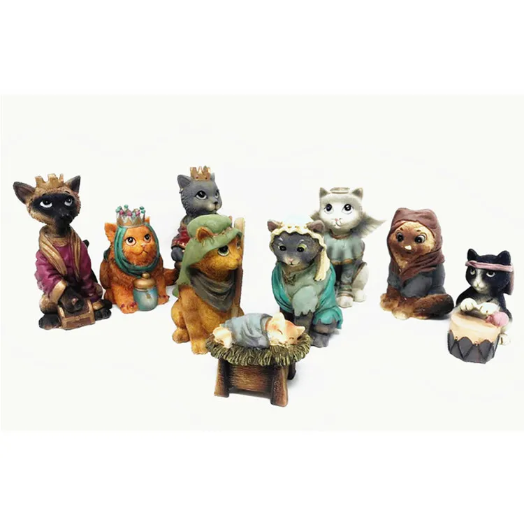 Custom Handmade Hot Sale Cat Nativity Set, Religious Christmas Decoration  Kitty Cat Nativity Scene`