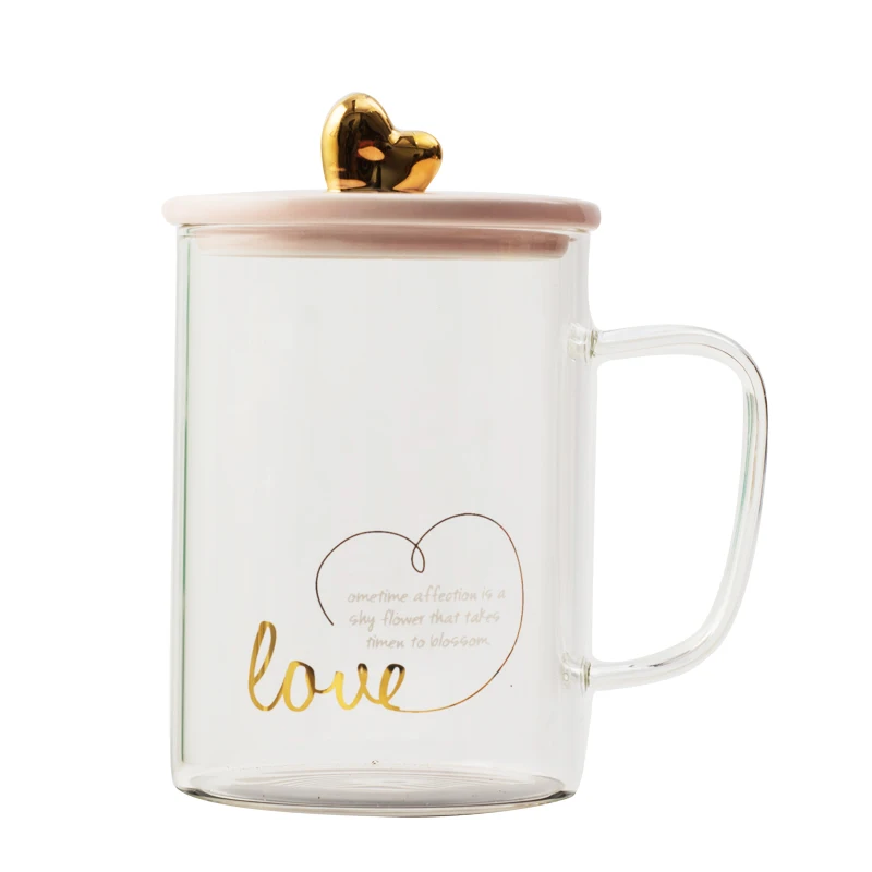 Leisure High Quality Heart Design Office Reusable Cup  450ml Glass Mug For Indoor