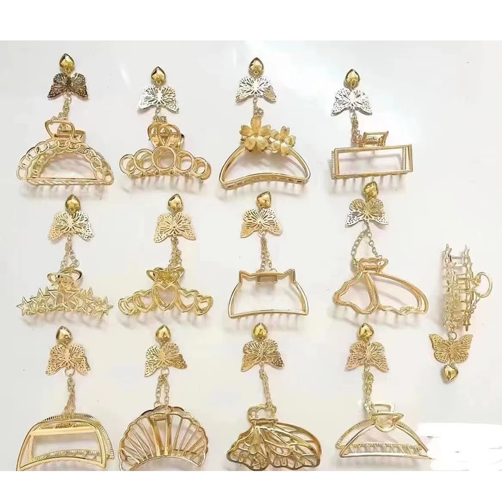 2024 Women Gold Geometric Butterfly Hair Claw Vintage Long Pendant Hair Clips women fashion Hair Accessories