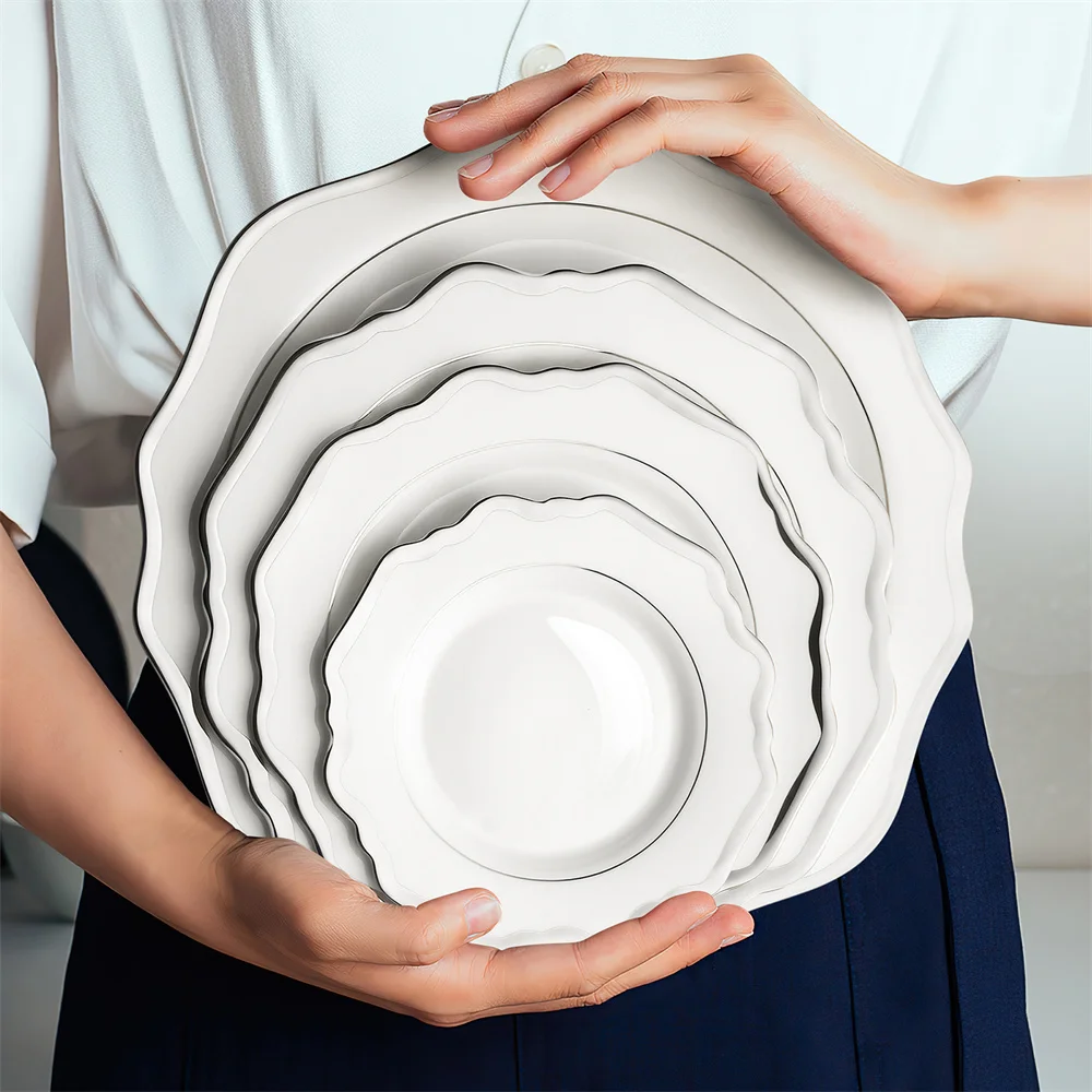 Unique Flower Shaped Plates Set Bone china Silver Rim Charger Plate for Wedding