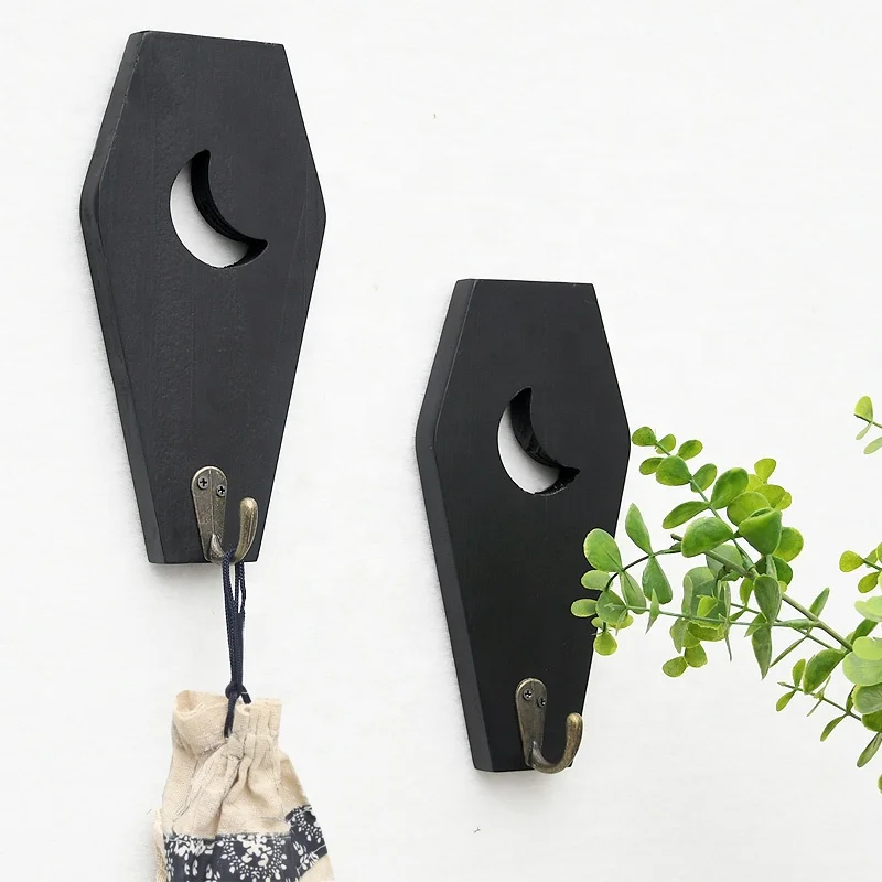 2 PCS Rustic Wall Mounted Coffin Key Holder Spooky Gothic Home Decor Halloween Decor Black Wooden Hanger Hooks for Keys Mugs