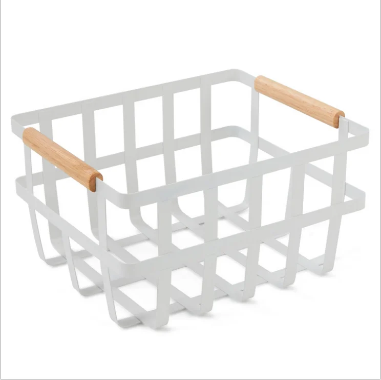 New Product Rectangular steel Metal Iron Basket Storage Basket with wooden handle
