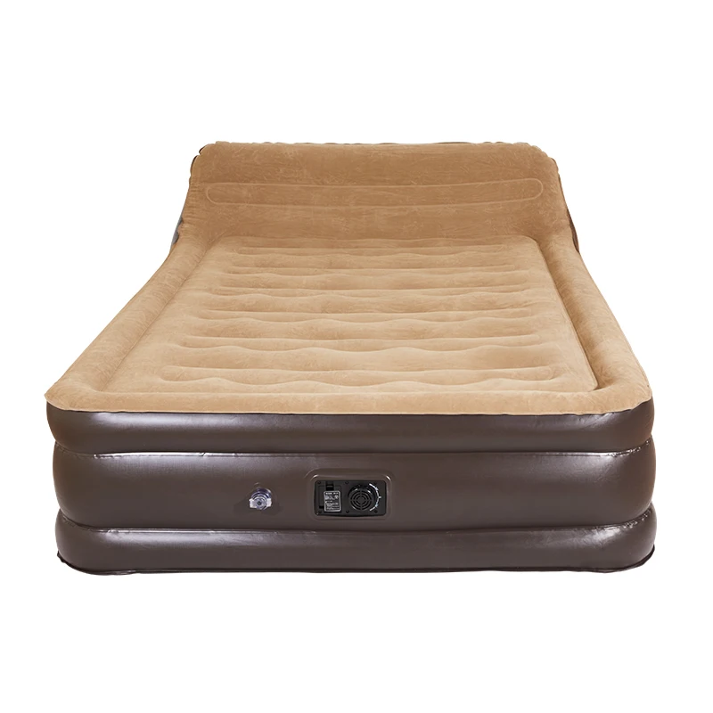 Wave-Beam Double Raised Queen Air Bed Thick PVC Soft Flocked Modern Foldable Inflatable Mattress with Comfortable Backrest