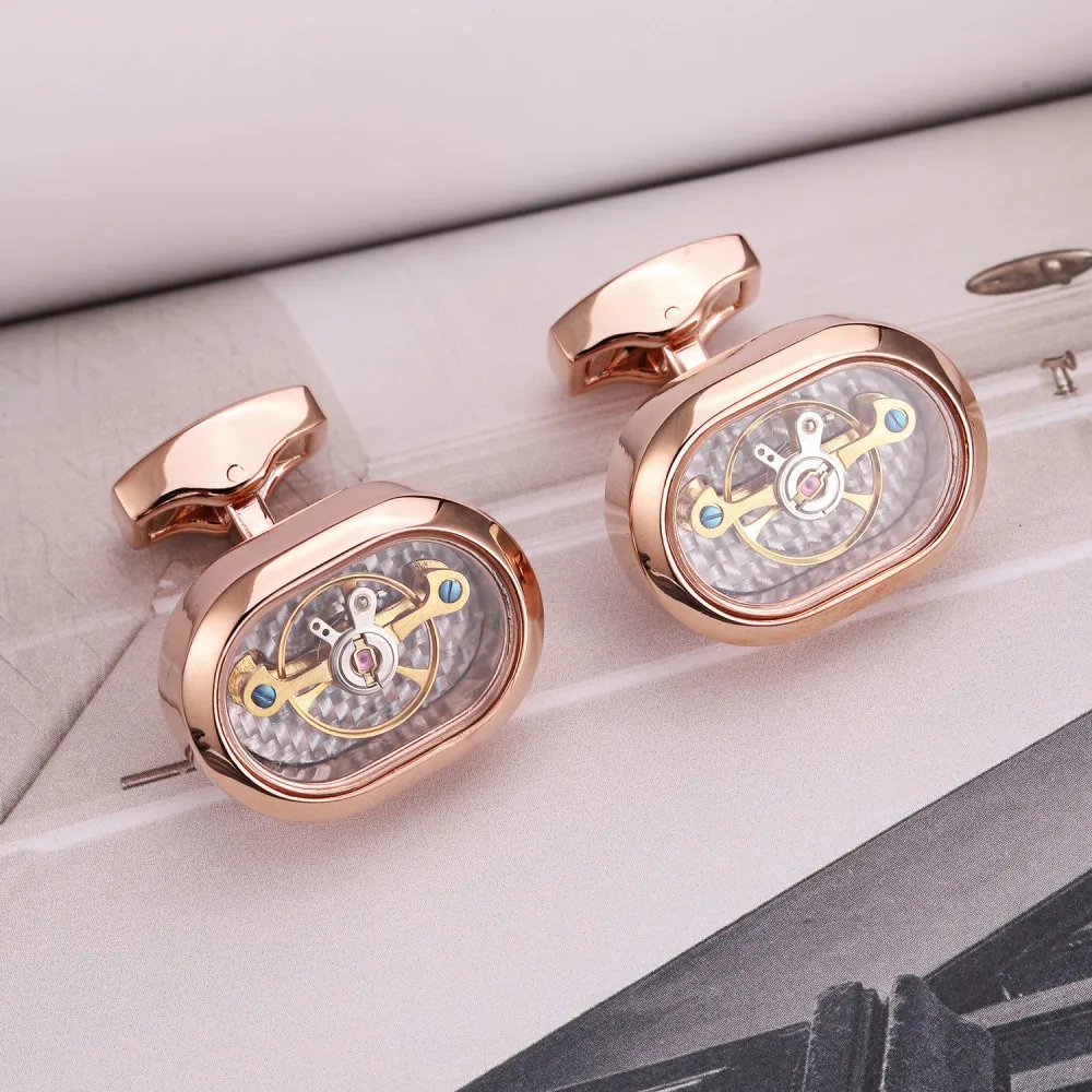 OB Jewelry-Hot Sale Movement Steel Ellipse Tourbillon Cufflinks For Mens Wedding Groom Mechanical Watch Steampunk Gear Cuff link