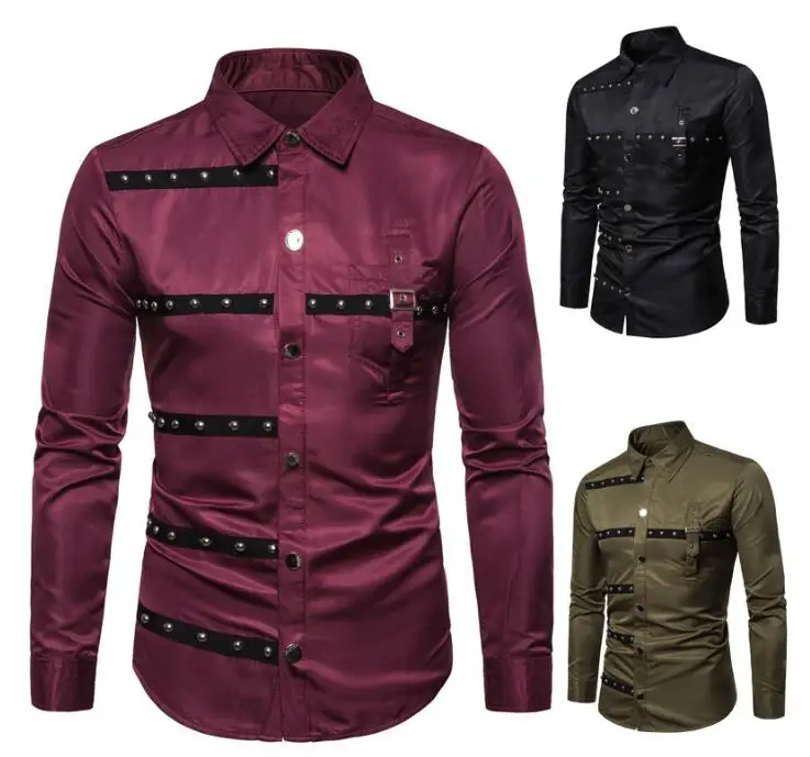 New Men Shirts Goth Style Rivet Patchwork Long Sleeve Cargo Shirt Slim Fit Party Stage For Men Clothing