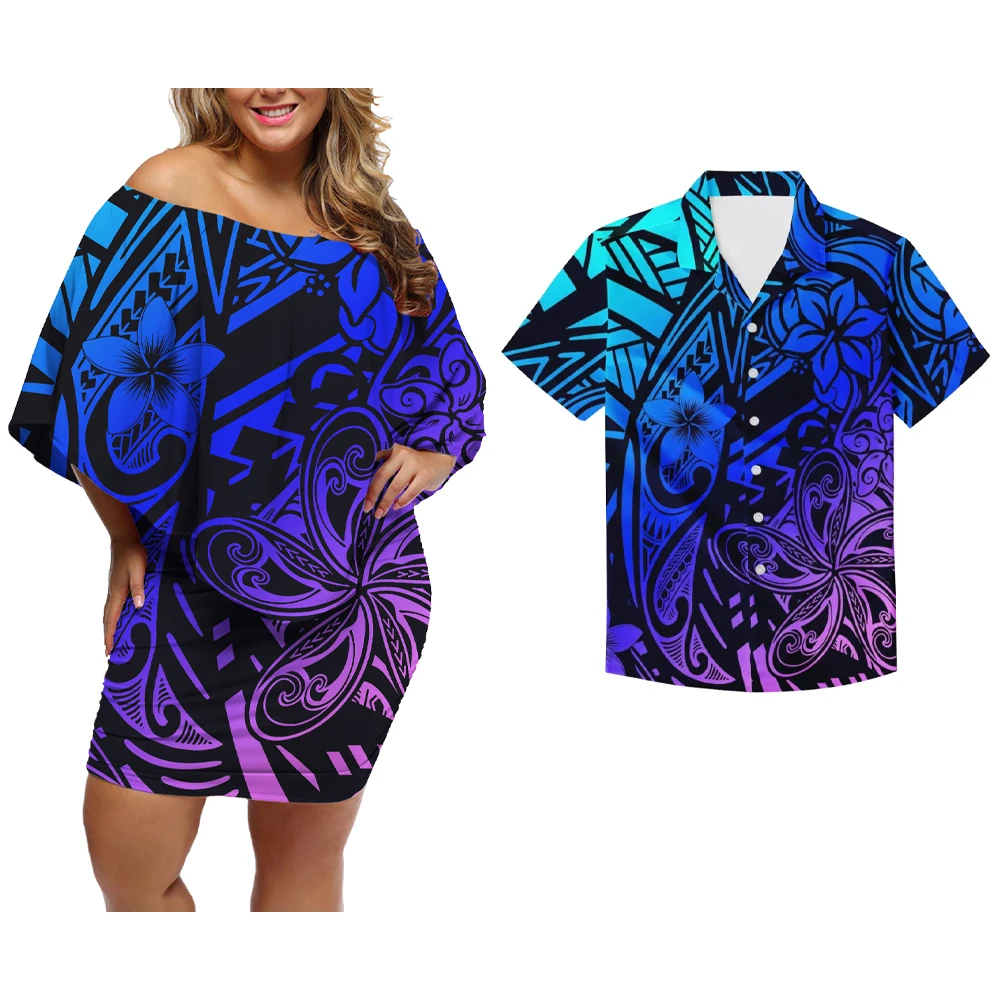 Couples Clothing Outfits Men and Women Wear Wedding Party Samoan Design Print Fashion Bodycon Casual Dresses Matching Men Shirt