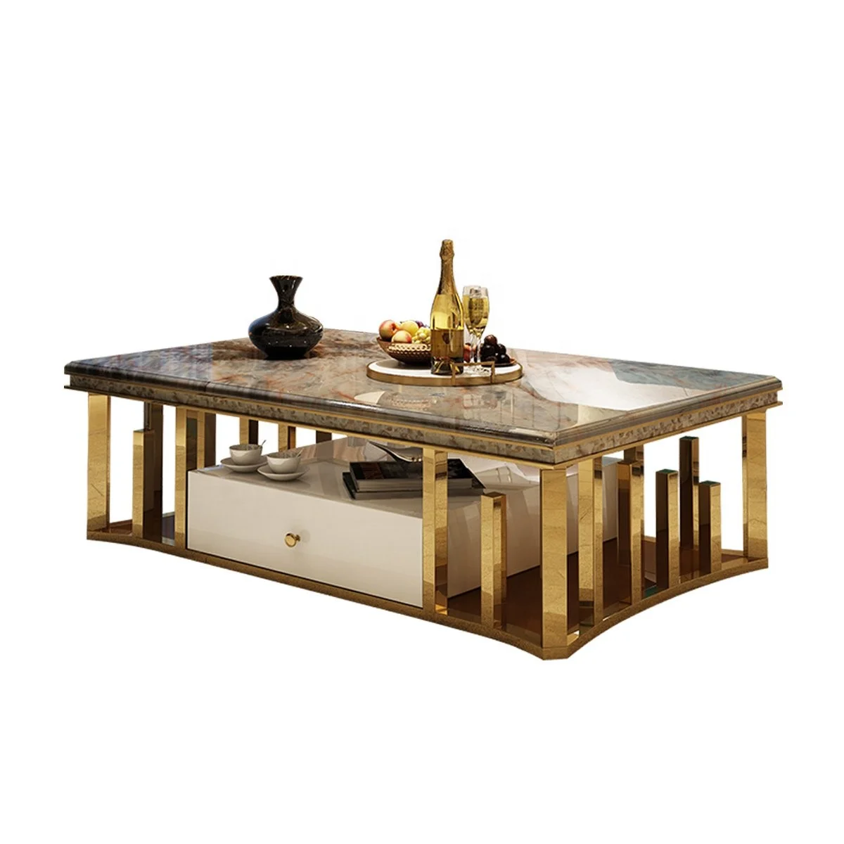 2022 Modern design stainless steel leg marble and silver coffee table living room furniture