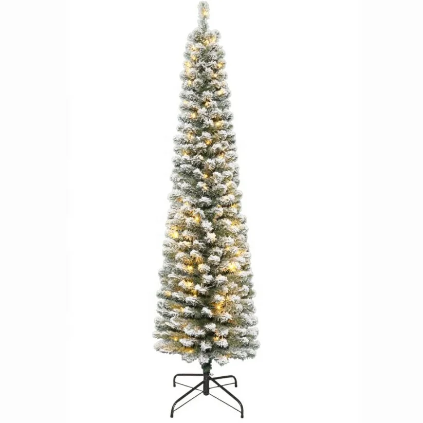 6.5ft pre-lit snowing PVC artificial tree flocked Xmas slim tree with LED Christmas decorations pencil Christmas tree