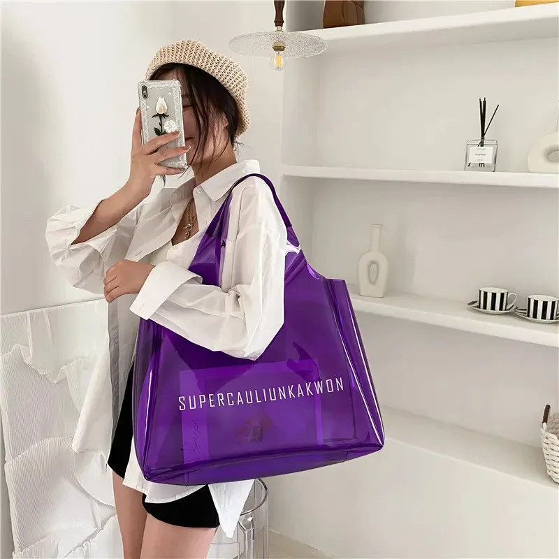 Fashionable Custom Logo Durable waterproof Large Capacity Beach Purple Gray Yellow Shoulder Clear Colored PVC Beach Tote Bag