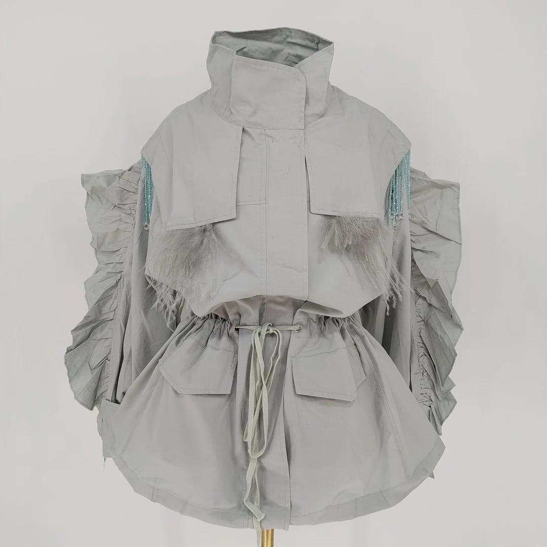 GetSpring Women Trench Coat Tassel Beaded Lantern Sleeve Ladies Windbreaker Drawstring Loose Casual Tops 2021 New