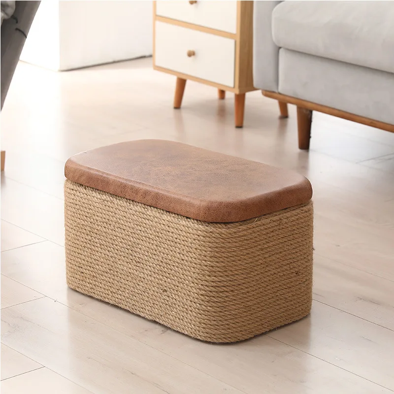 Household Linen Rope Stool Change Shoe Double Purpose Solid Wood Storage Stool Footrest Square Round Bench