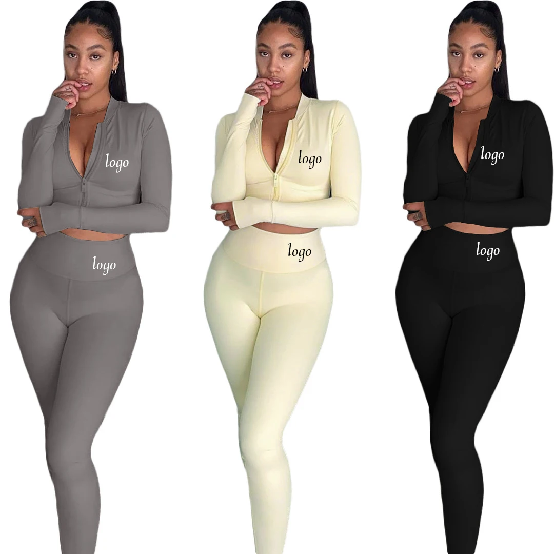 Custom logo female solid color long sleeves two pieces joggers wear zip upper crop top high waist skinny sustainable gym outfit