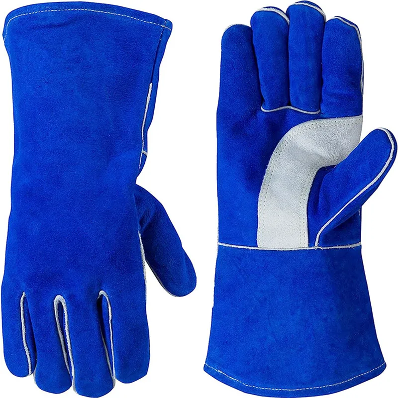 14 Inch Blue Fireproof and Heat Resistant Reinforced Cow Leather Welding Gloves guante soldadura