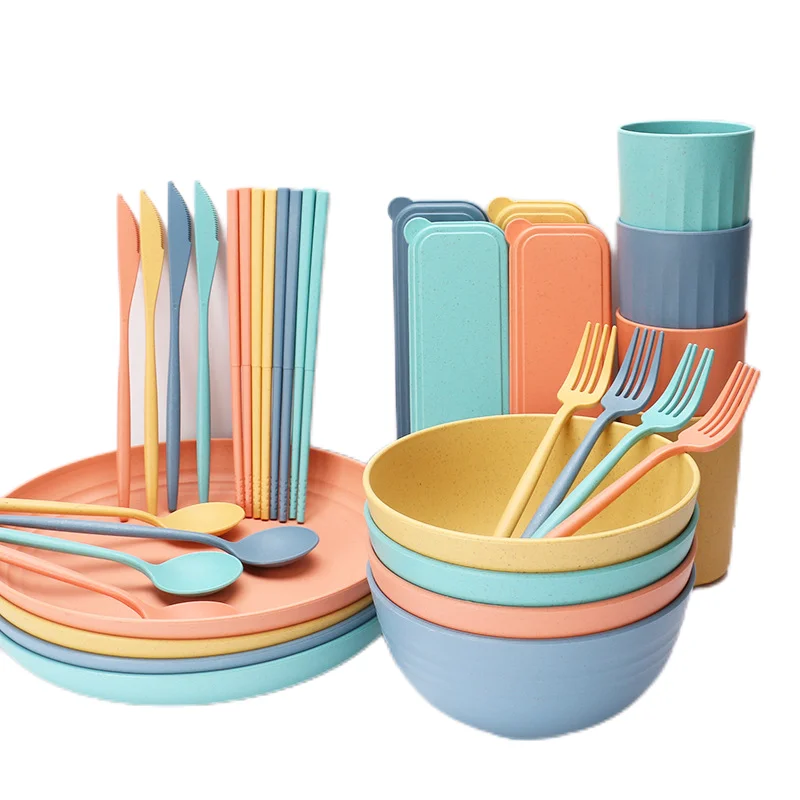 Amazon Bowl Cup Plate Vertical Set Home Salad Bowl Dinner Plate Mug Portable Tableware Cutting Board Wheat Straws