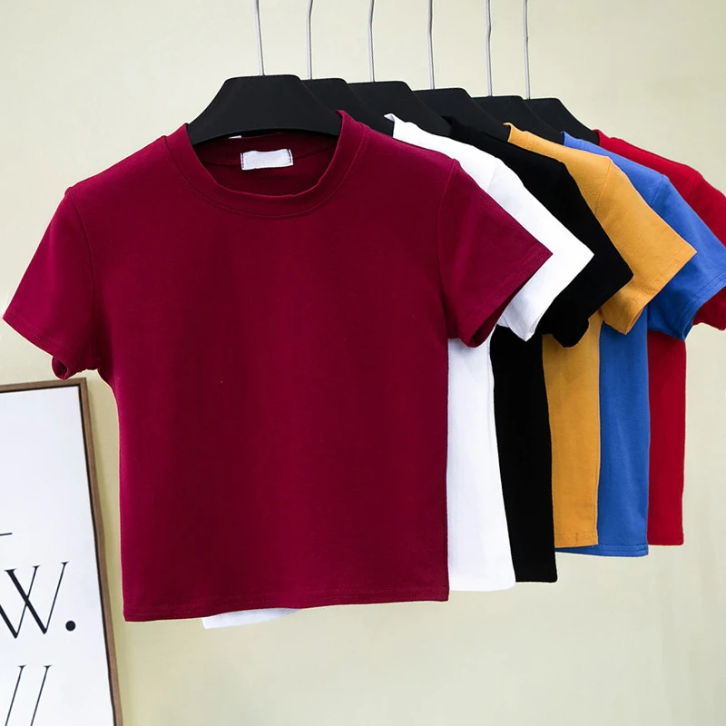 Custom Logo 100%cotton Blank O-Neck tshirt Short Sleeve Print Super White T-Shirts Summer Plain Tight Crop Tops For Women