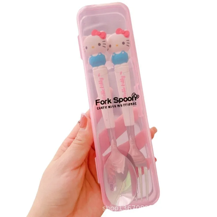 Hello KT Cartoon silicone handle kids tableware Stainless steel 2-piece spoon and fork set