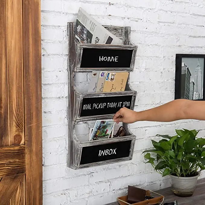 3-slot Rustic Wall Mount Magazine Holder With Blackboard Label Receive A Frame