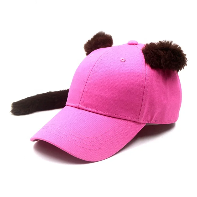 Wholesale Hot Pink Blank 6 Panel Long Furry fur Tail and Furry Ears Baseball Cap for Winter